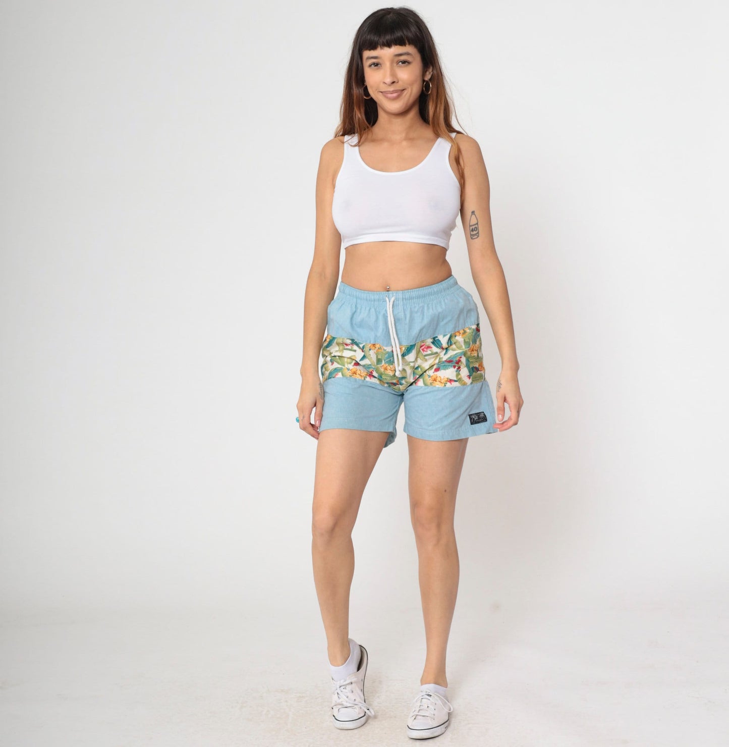 Y2K Tropical Banana Leaf Beach Shorts Blue Chambray Drawstring Small