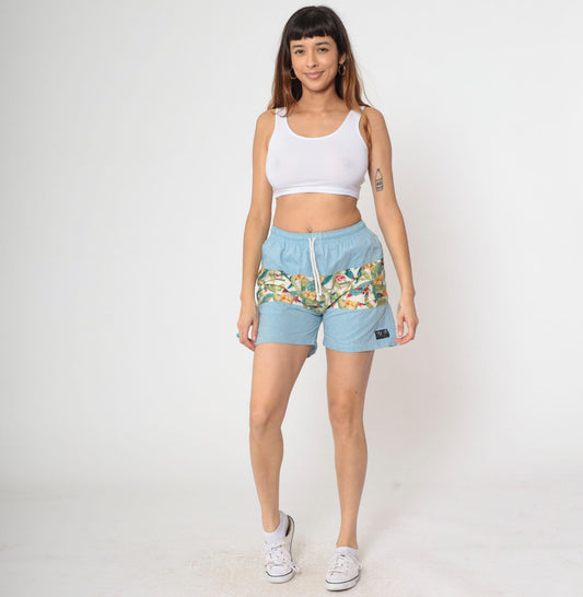 Y2K Tropical Banana Leaf Beach Shorts Blue Chambray Drawstring Small
