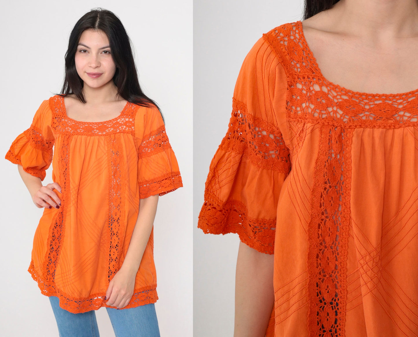 90s Orange Mexican Blouse Bell Sleeve Crochet Lace Tunic Medium