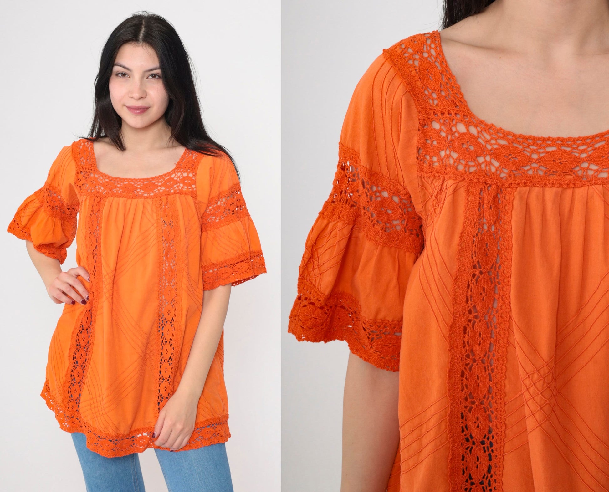 90s Orange Mexican Blouse Bell Sleeve Crochet Lace Tunic Medium