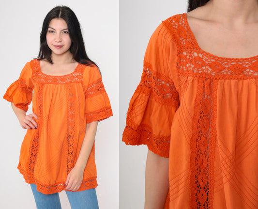 90s Orange Mexican Blouse Bell Sleeve Crochet Lace Tunic Medium