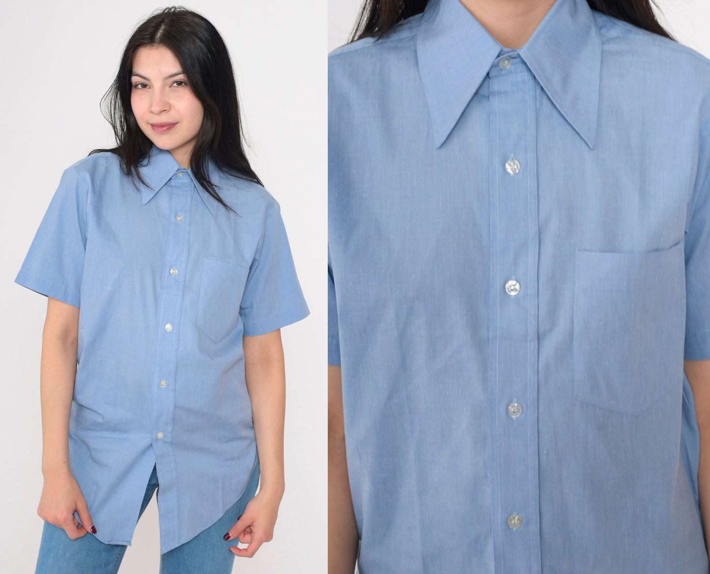 70s Fleetline Chambray Button-Up Shirt Blue Dagger Collar Short Sleeve Small