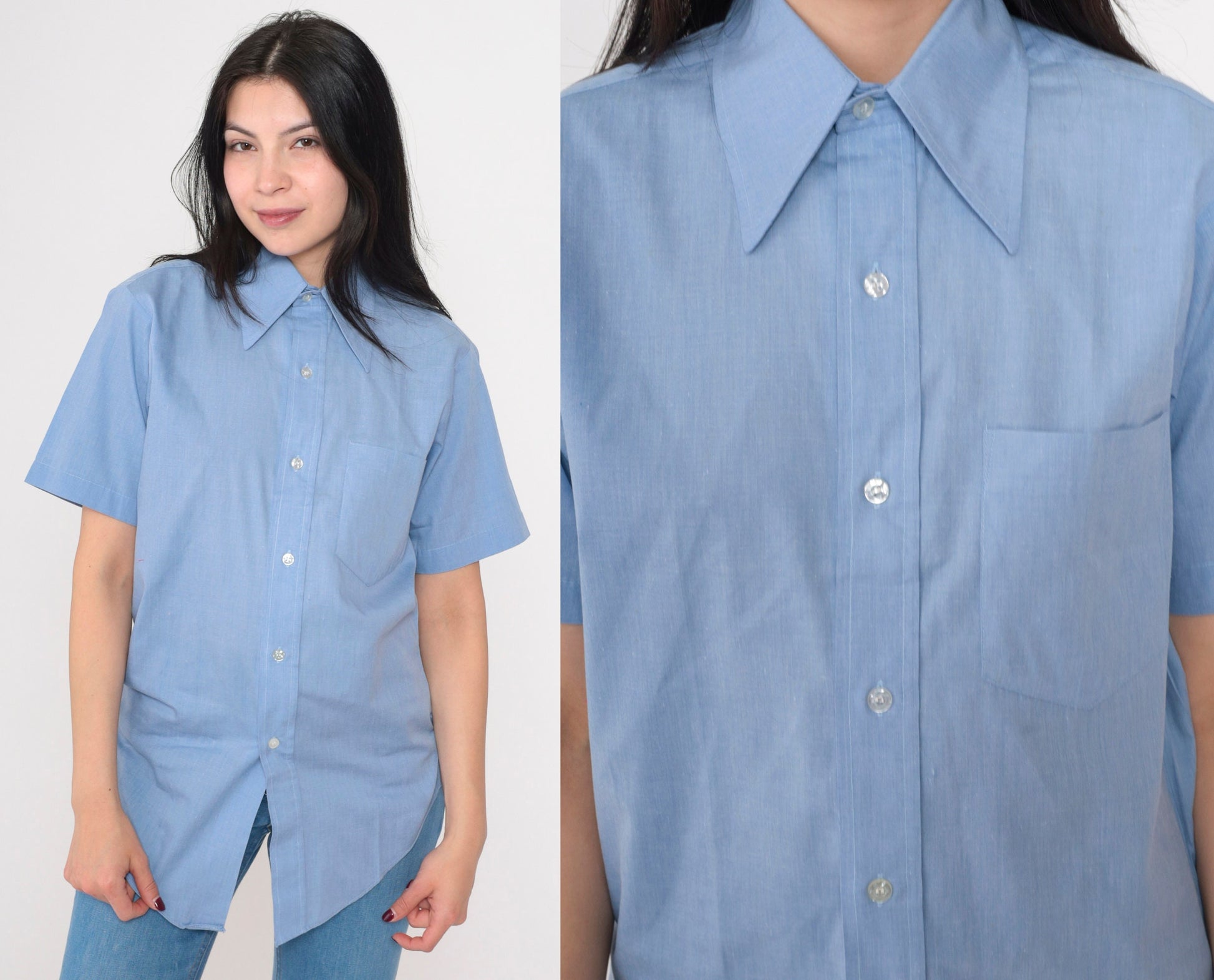 70s Fleetline Chambray Button-Up Shirt Blue Dagger Collar Short Sleeve Small
