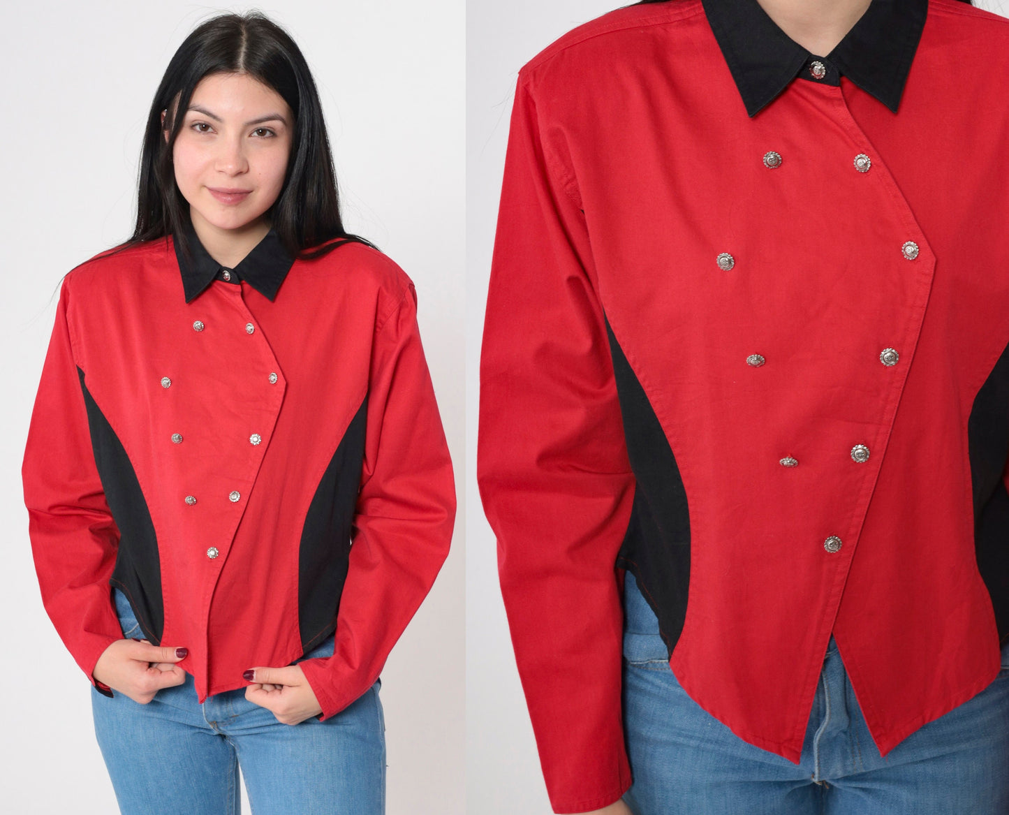 Y2K Wrangler Silver Lake Color Block Western Shirt Red Black Cotton Large