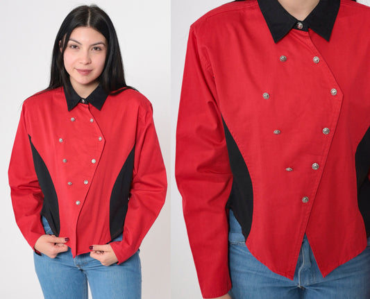 Y2K Wrangler Silver Lake Color Block Western Shirt Red Black Cotton Large