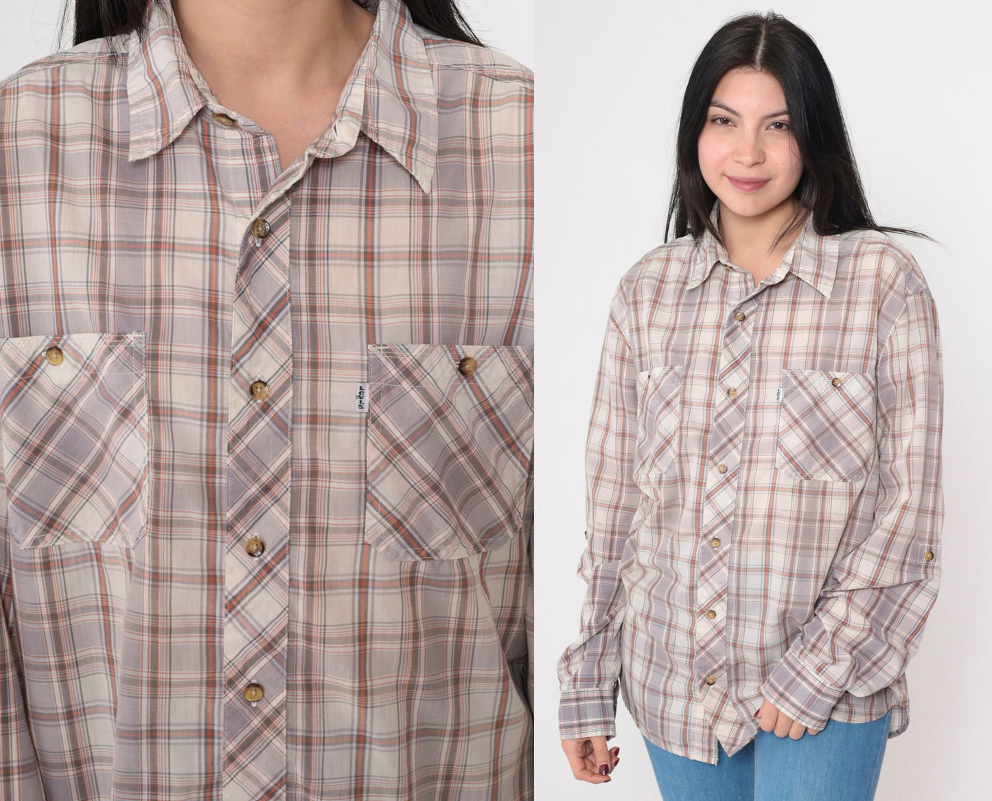 Y2K Levi's Plaid Button-Up Shirt Grey Orange Off-White Tartan Roll Tab Sleeve Large