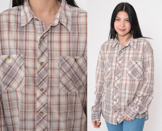 Y2K Levi's Plaid Button-Up Shirt Grey Orange Off-White Tartan Roll Tab Sleeve Large