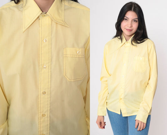 70s Yellow Dagger Collar Button-Up Shirt Topstitched Long Sleeve Medium
