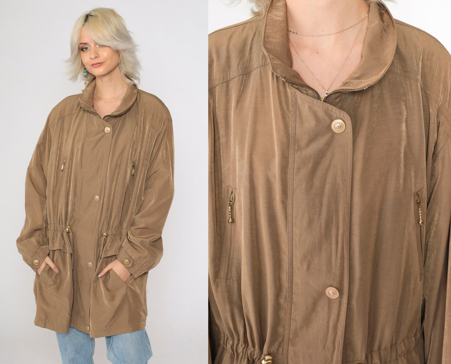 90s Plus Size Brown Windbreaker Jacket Drawstring Waist Zip Pockets XXL