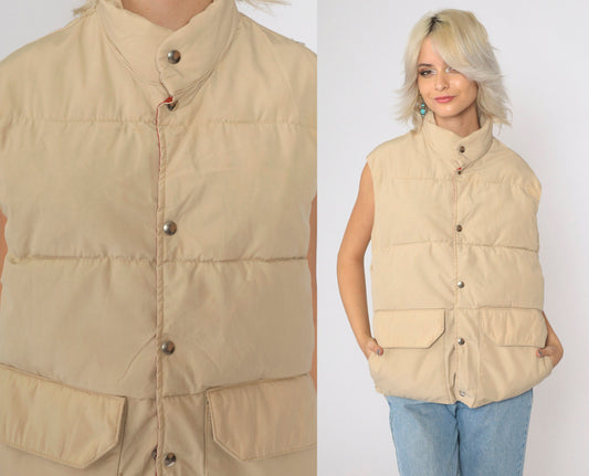 80s Trailwear Tan Down Puffer Vest Snap Front Sleeveless Medium