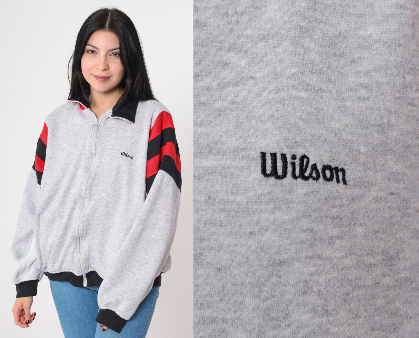 80s Wilson Track Jacket Grey Red Black Striped Zip Up Extra Large XL