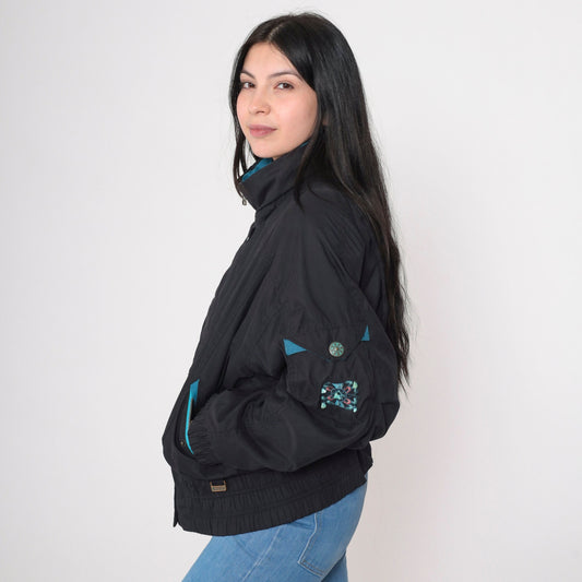 90s Black Puffer Ski Jacket Turquoise Trim Windbreaker Extra Large XL