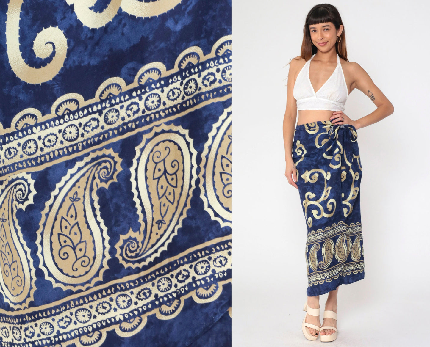 Y2K Sarong Wrap Skirt Paisley Scroll Print Dark Blue Midi Medium Large