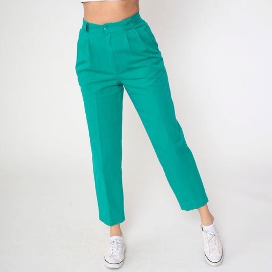 80s Green Pleated High-Rise Trousers Elastic Waist Tapered Small