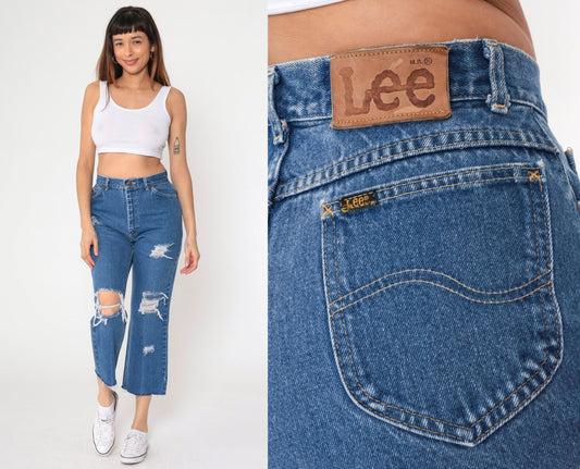 90s Lee High Rise Straight Leg Ripped Blue Denim Jeans Small 28