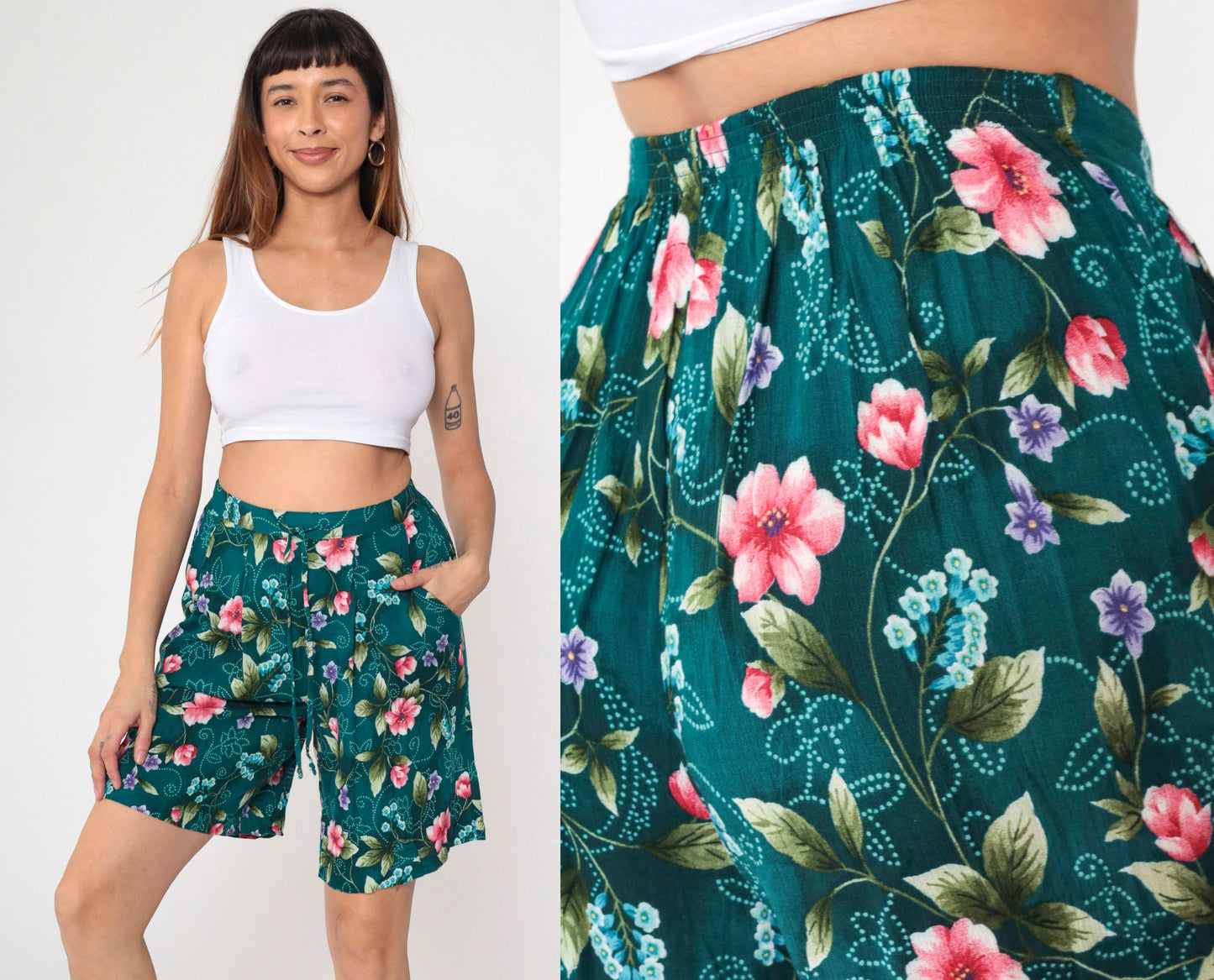 90s Jaclyn Smith Floral Shorts Teal Rayon High Waist Pleated Bermuda Medium