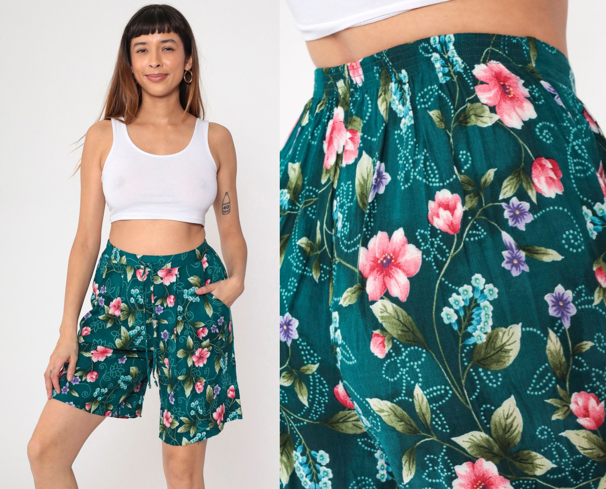 90s Jaclyn Smith Floral Shorts Teal Rayon High Waist Pleated Bermuda Medium