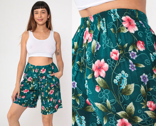 90s Jaclyn Smith Floral Shorts Teal Rayon High Waist Pleated Bermuda Medium