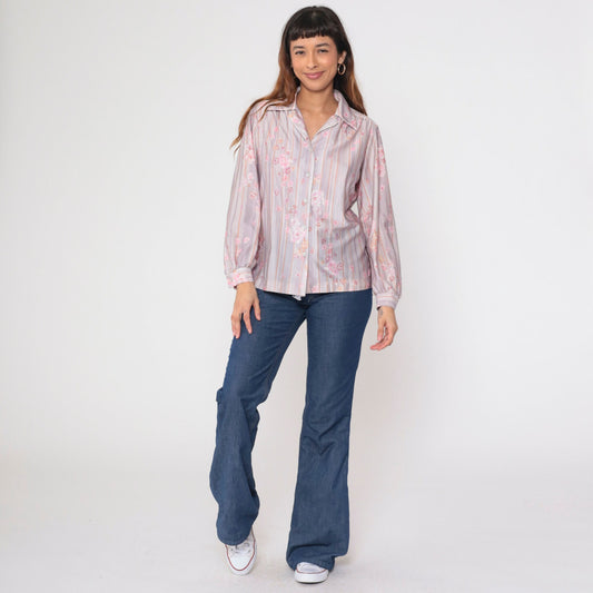 70s Striped Floral Button-Up Blouse Pink Lavender Long Sleeve Shirt Medium Large