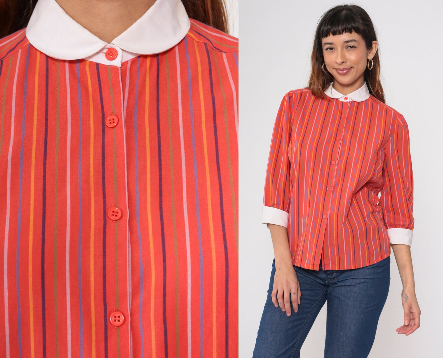 70s Red Striped Peter Pan Collar Blouse 3/4 Sleeve Button Up Medium