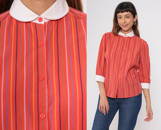 70s Red Striped Peter Pan Collar Blouse 3/4 Sleeve Button Up Medium