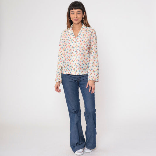 70s Floral Button-Up Blouse White Pink Blue Long Sleeve Collar Medium