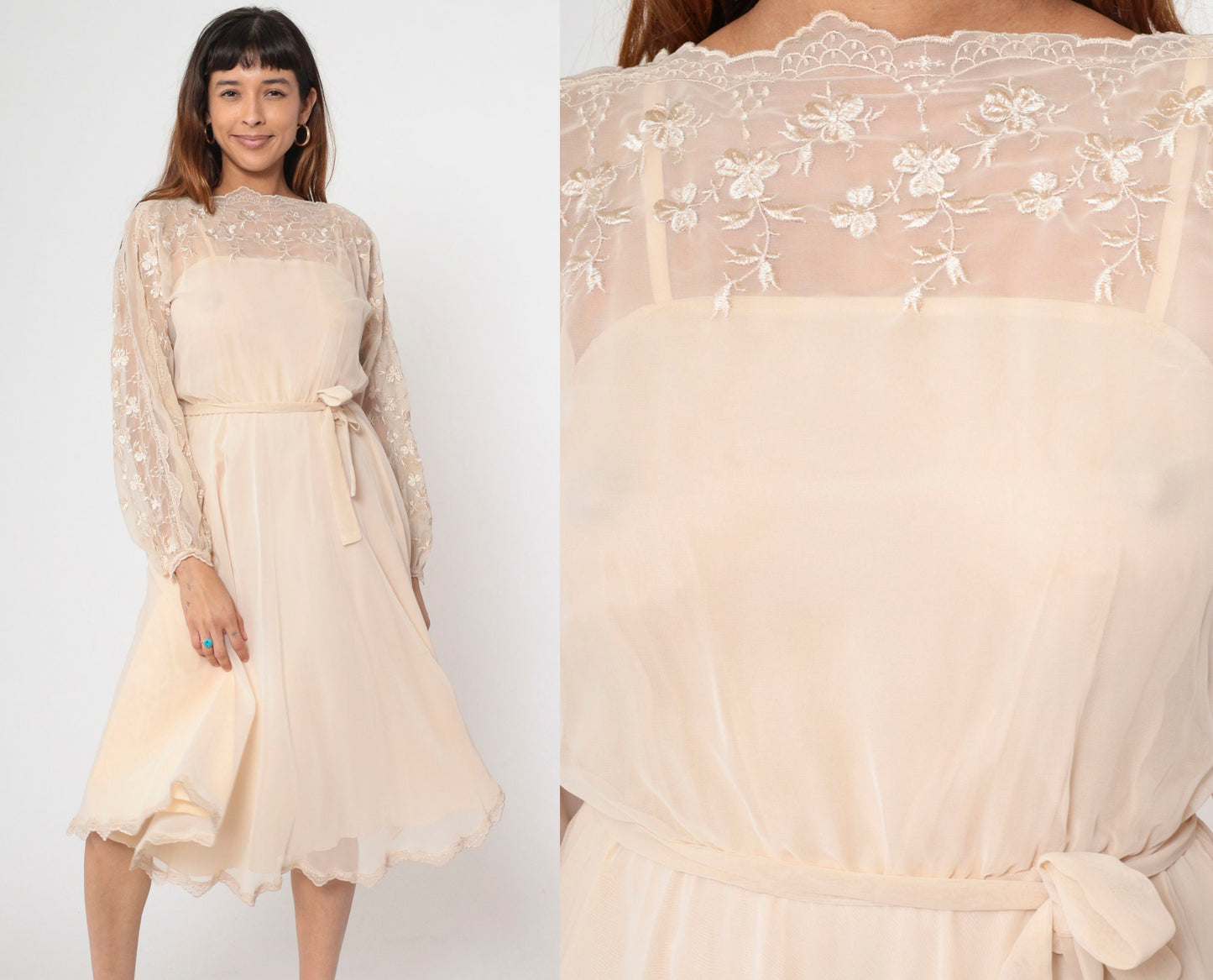 70s Beige Chiffon Midi Dress Floral Embroidery Illusion Neckline Small