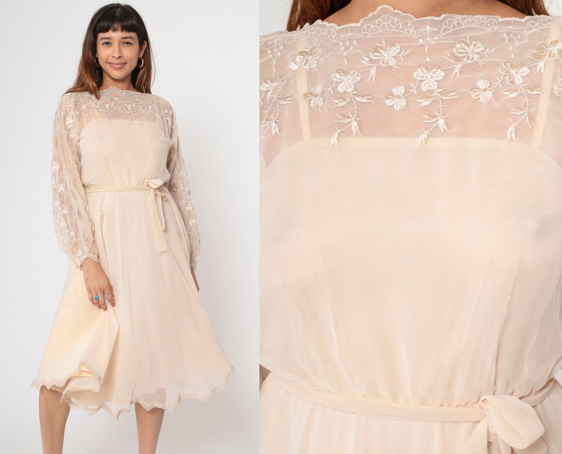 70s Beige Chiffon Midi Dress Floral Embroidery Illusion Neckline Small