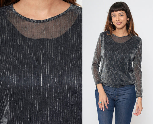 90s Lauren Lee Black Silver Striped Metallic Blouse Long Sleeve Medium