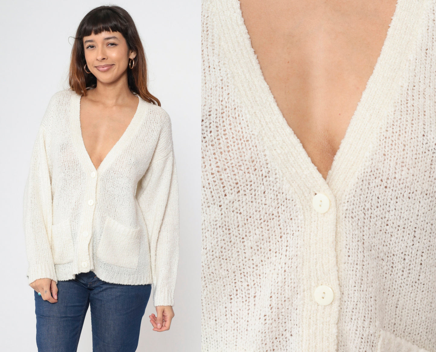 80s Off-White Cardigan Button-Up Knit Sweater V-Neck Pockets Medium