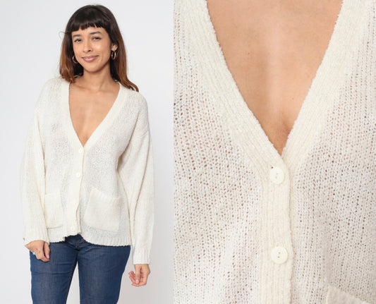 80s Off-White Cardigan Button-Up Knit Sweater V-Neck Pockets Medium