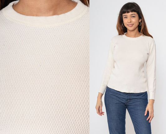 80s Cream Thermal Undershirt Long Sleeve Cotton Knit Medium M