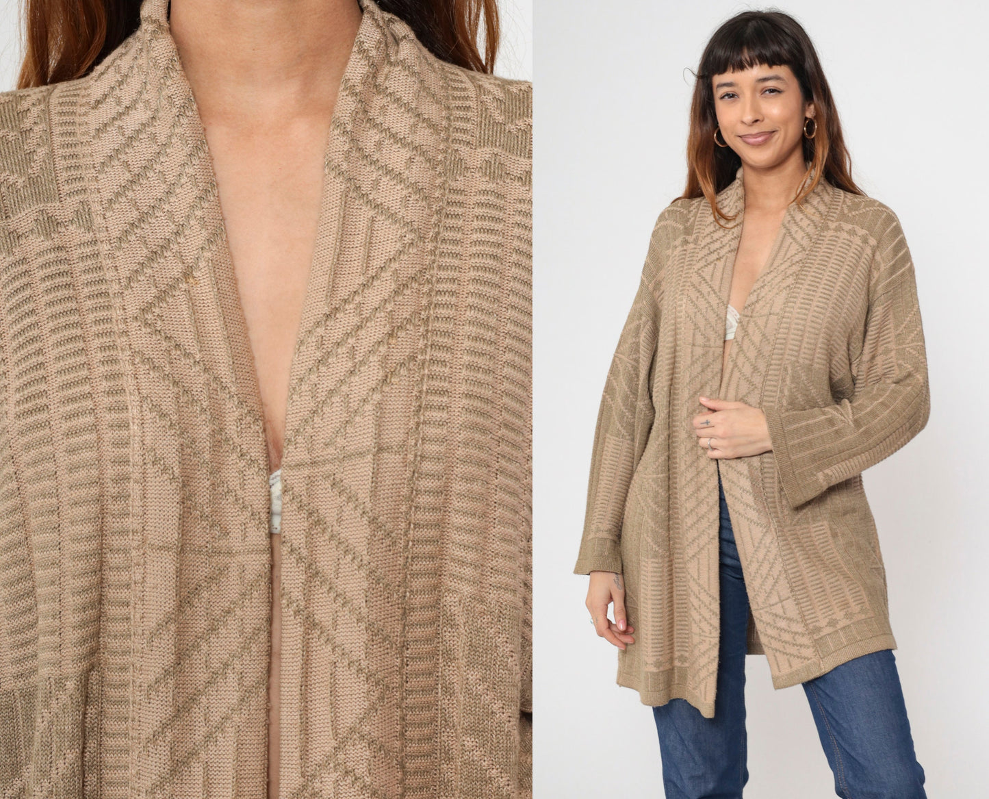 90s Tan Geometric Wrap Cardigan Sweater Medium