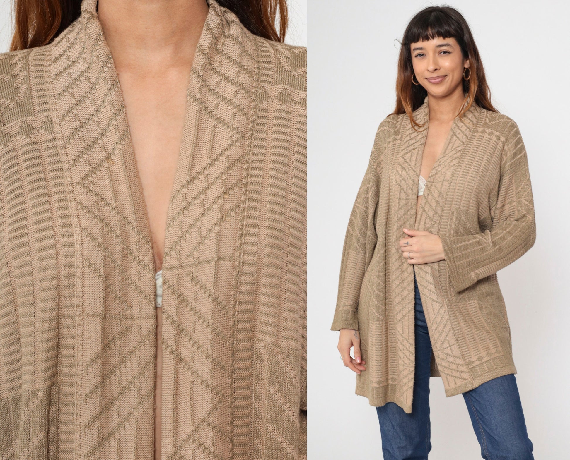 90s Tan Geometric Wrap Cardigan Sweater Medium