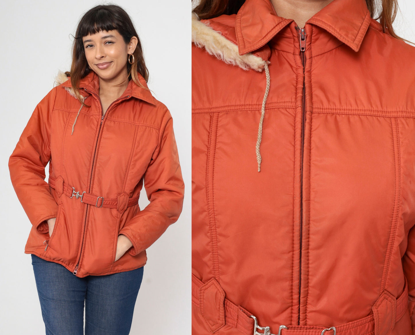 70s JC Penney Parka Jacket Burnt Orange Faux Fur Hood Zip Medium