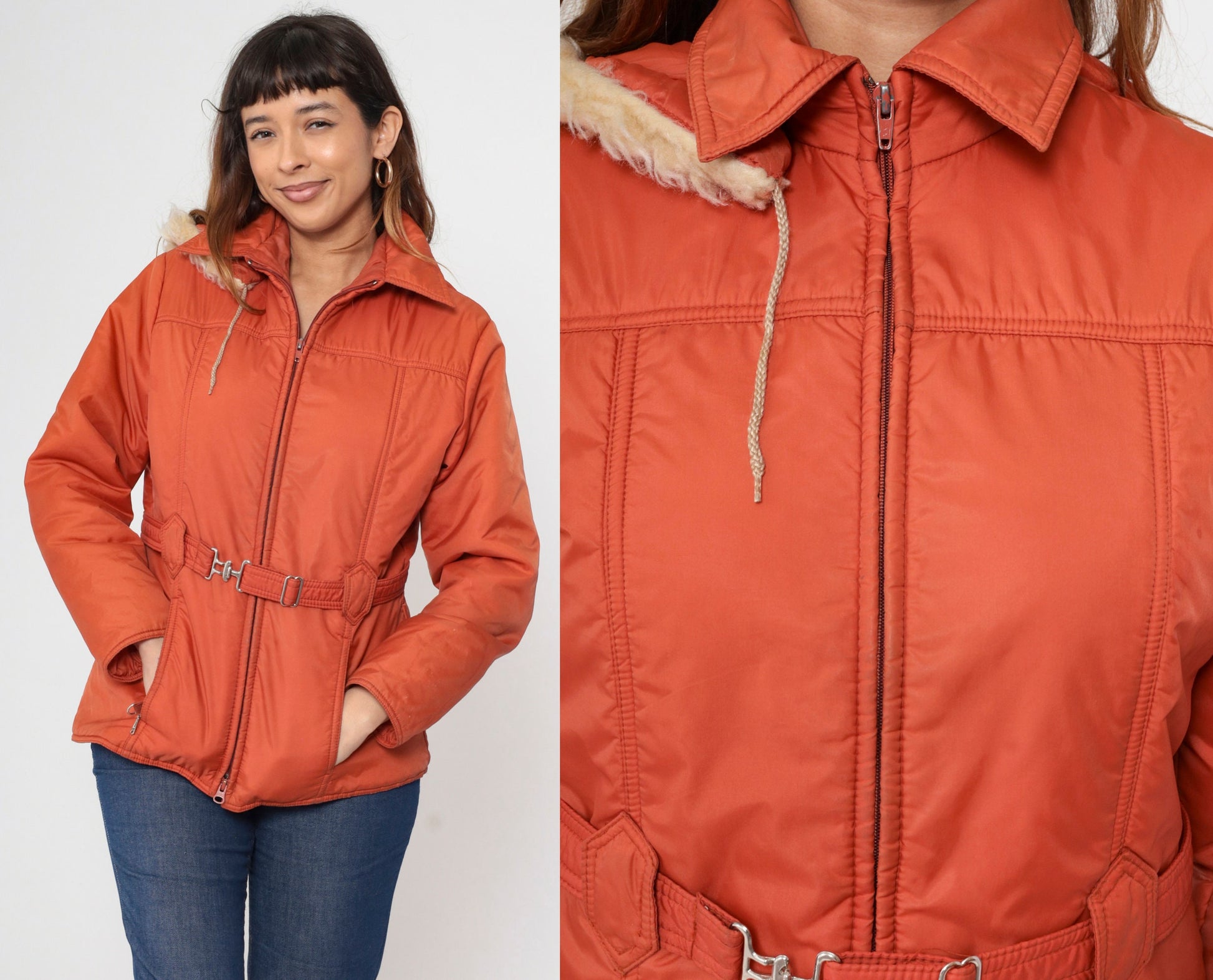70s JC Penney Parka Jacket Burnt Orange Faux Fur Hood Zip Medium