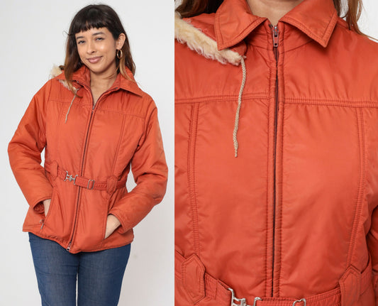 70s JC Penney Parka Jacket Burnt Orange Faux Fur Hood Zip Medium