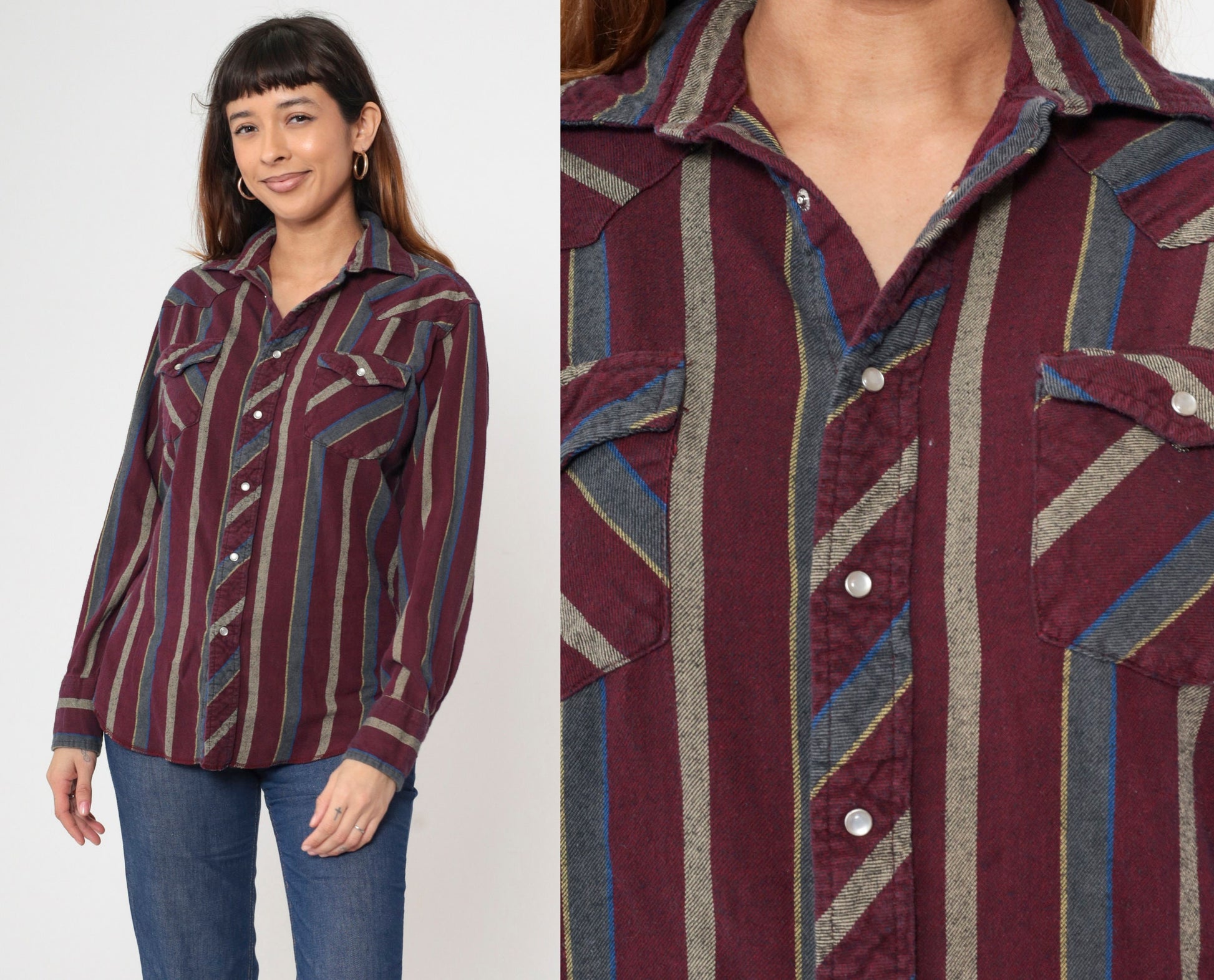 90s Wrangler Pearl Snap Western Shirt Burgundy Striped Medium
