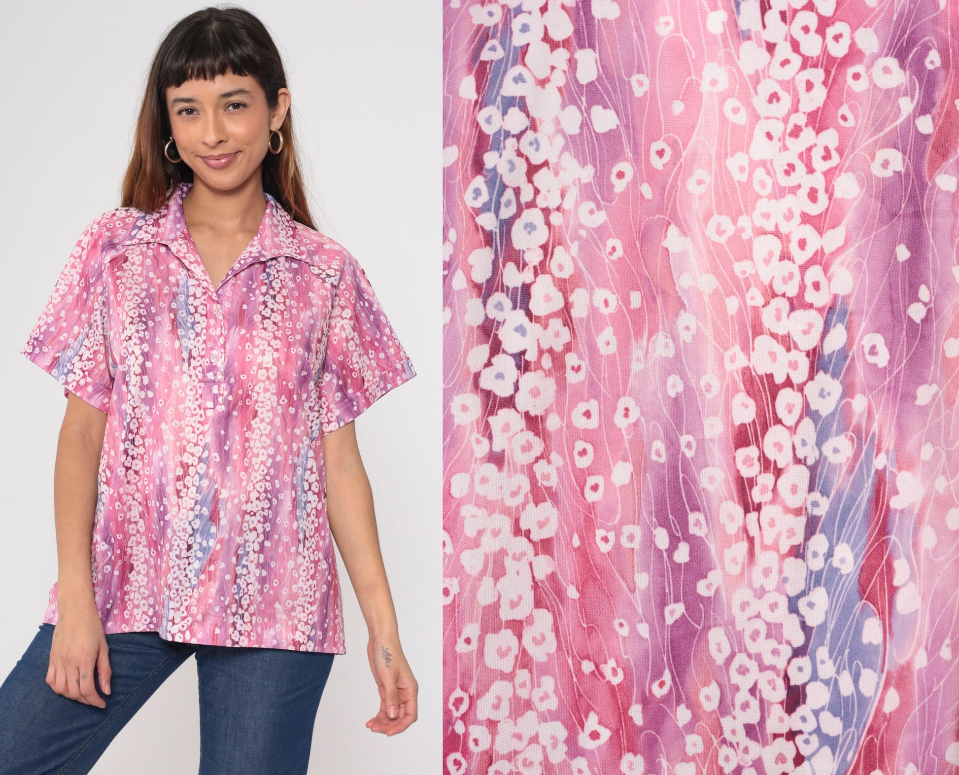 70s John Abbott Abstract Floral Blouse Pink Purple Dagger Collar Large