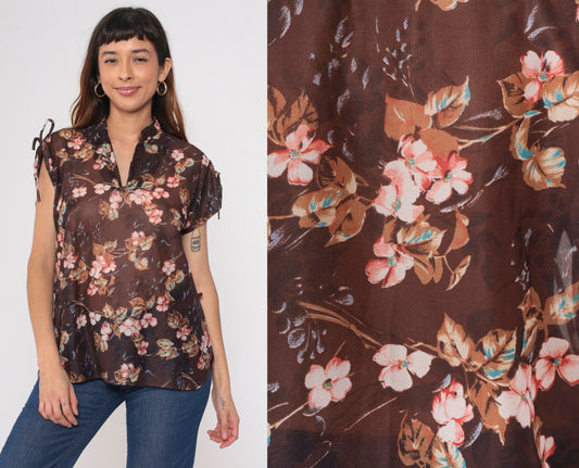 70s Sheer Floral Blouse Tie Sleeve V Neck Brown Pink Shirt Medium Large
