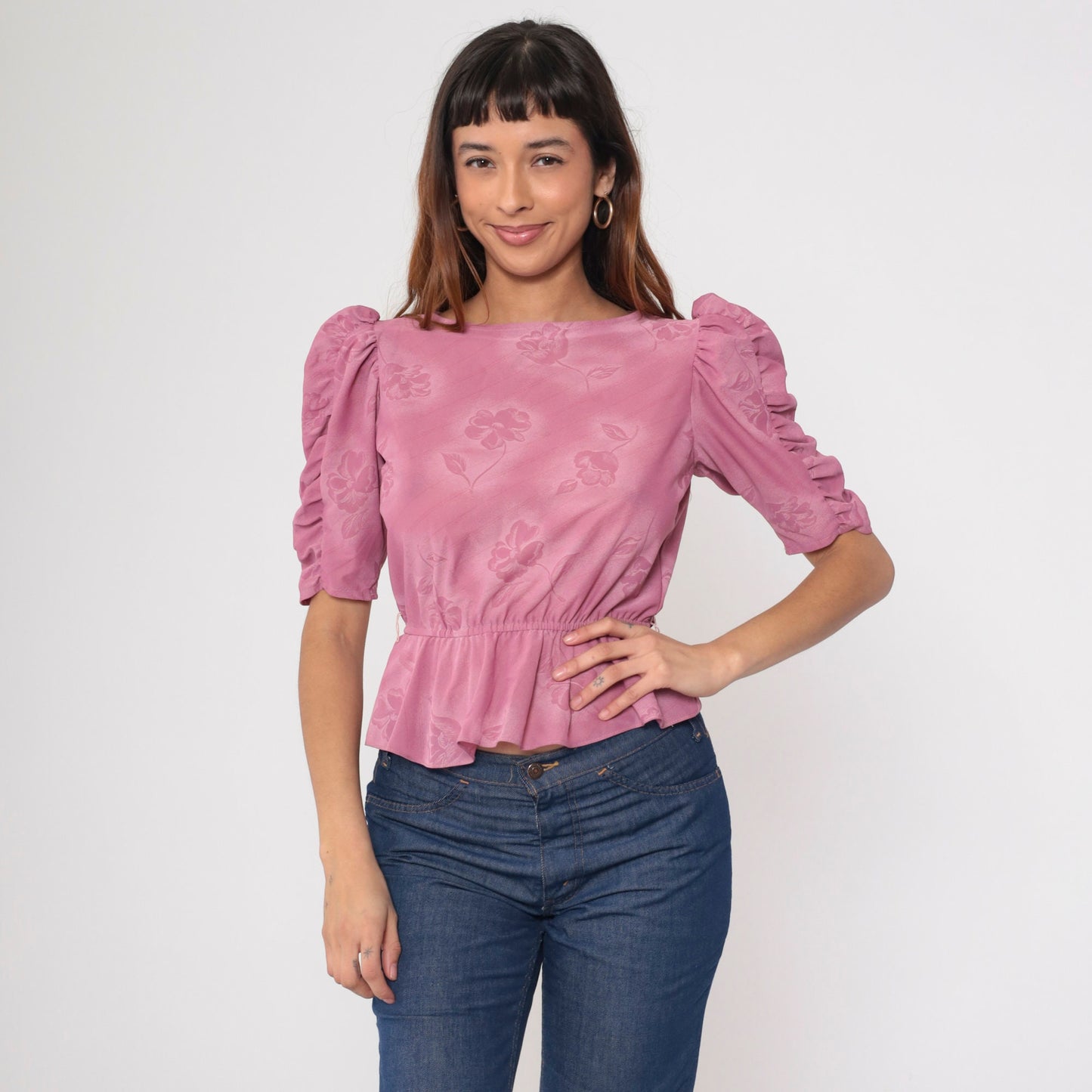 80s Floral Peplum Blouse Pink Puff Sleeve Crop Top Small