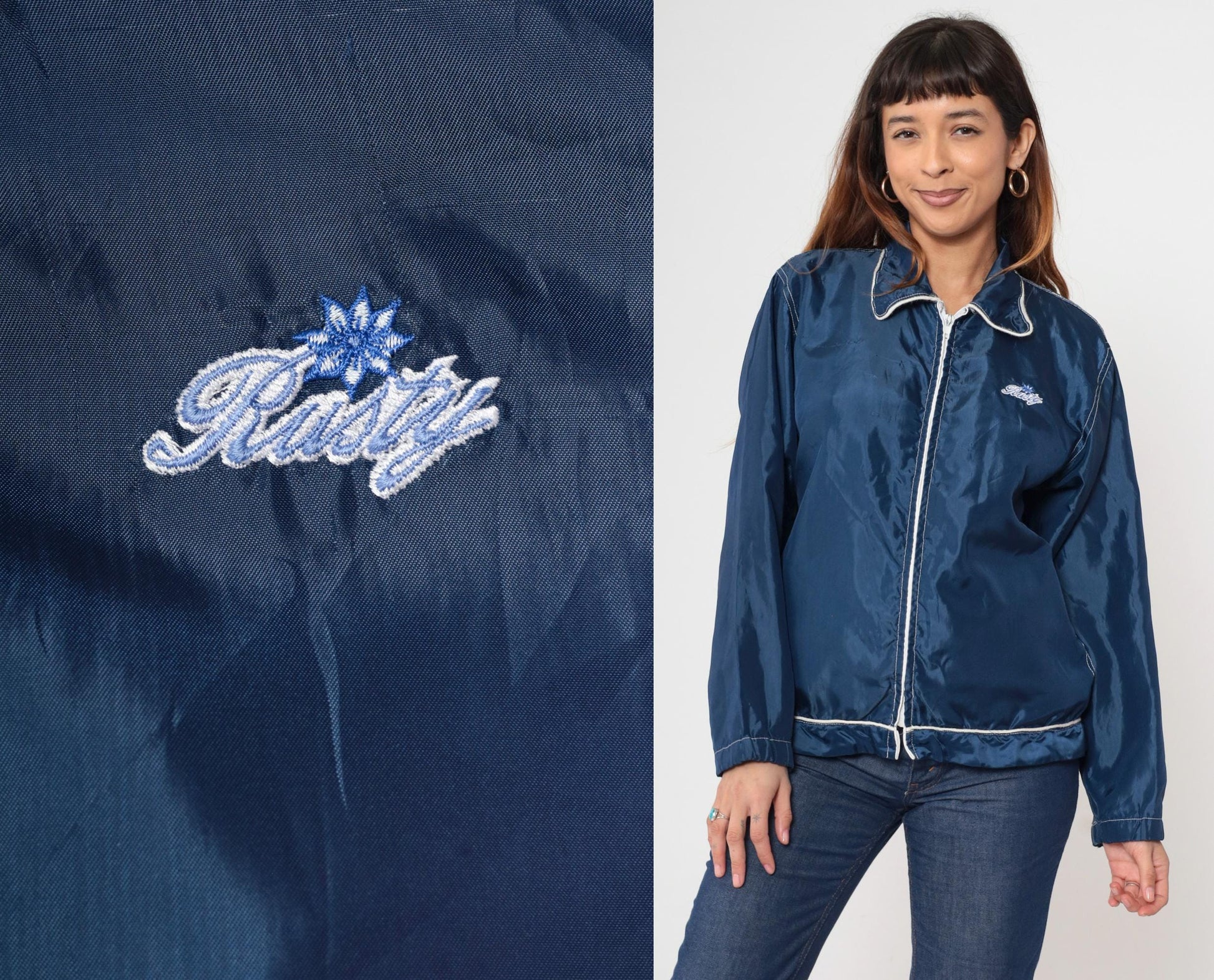 Y2K Rusty Windbreaker Jacket Navy Blue Zip Up Surfer Large L