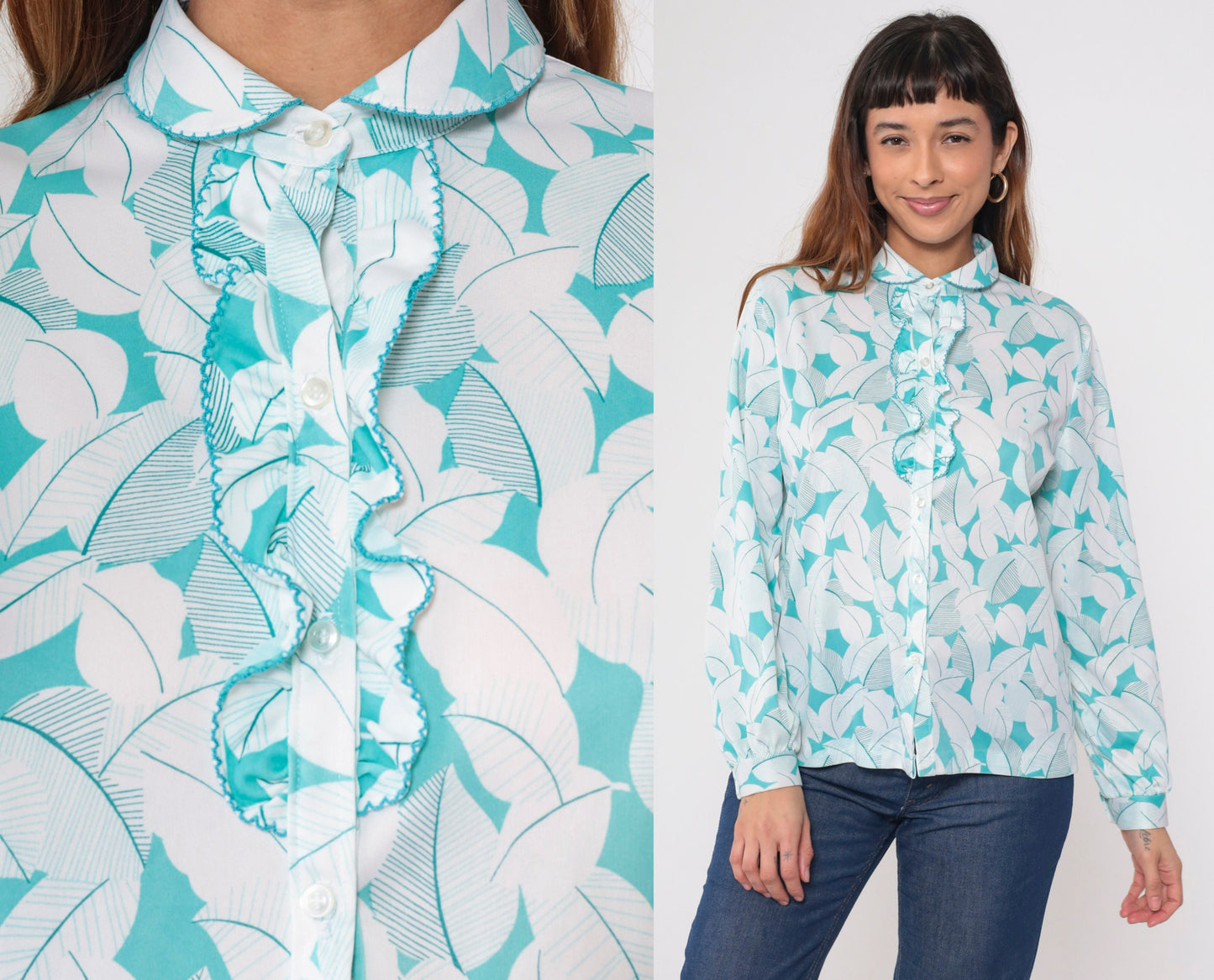 70s Leaf Print Ruffle Tuxedo Blouse Peter Pan Collar Long Sleeve White Blue Large