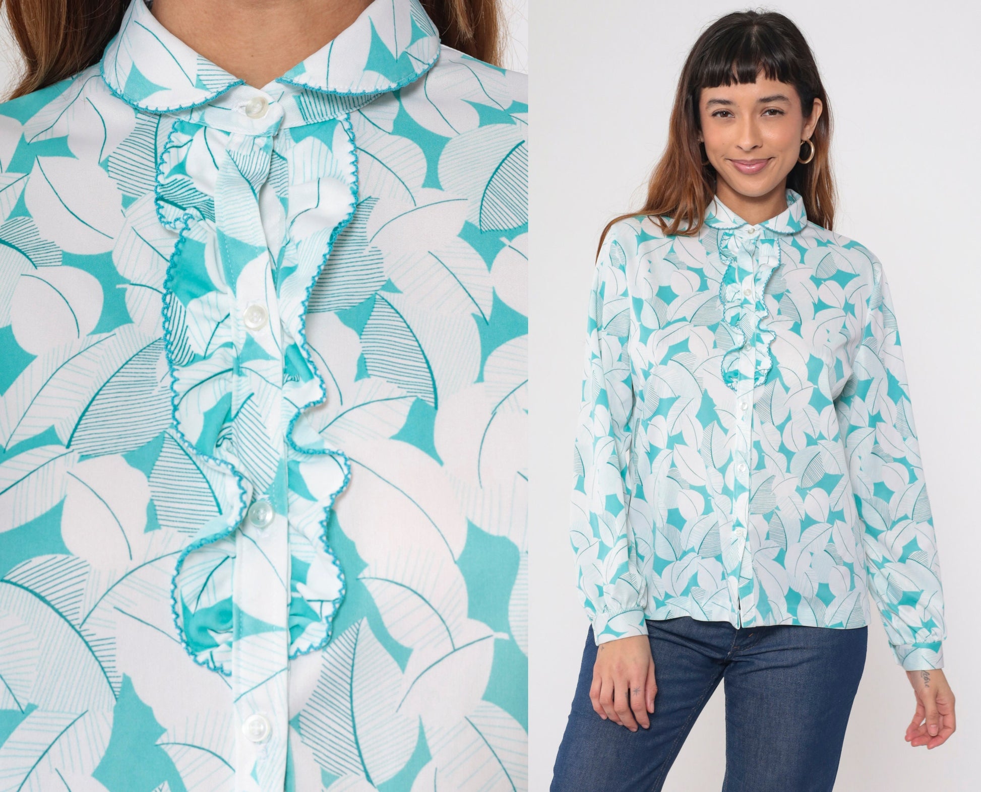 70s Leaf Print Ruffle Tuxedo Blouse Peter Pan Collar Long Sleeve White Blue Large