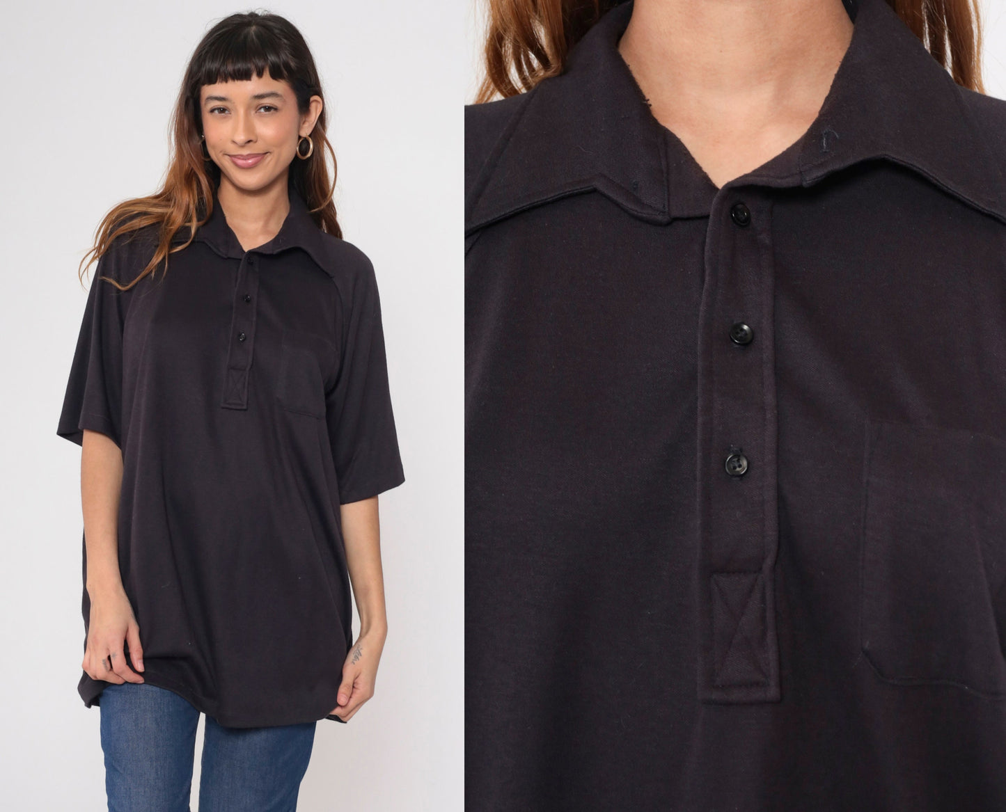 70s Don Loper Black Polo Shirt Raglan Sleeve Half Button Collared Plus Size XXL