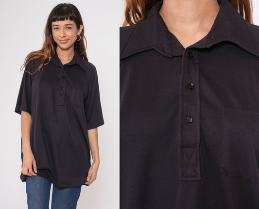 70s Don Loper Black Polo Shirt Raglan Sleeve Half Button Collared Plus Size XXL