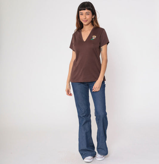 70s Owl Patch Brown V-Neck T-Shirt Cotton Graphic Tee Medium Large