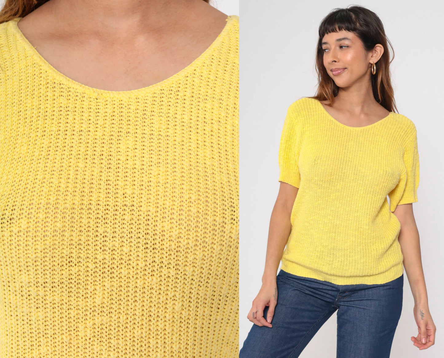 80s Jaguar Yellow Knit Short Sleeve Crewneck Pullover Small S