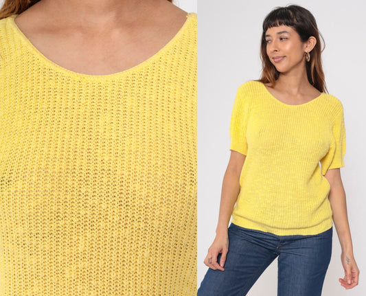 80s Jaguar Yellow Knit Short Sleeve Crewneck Pullover Small S
