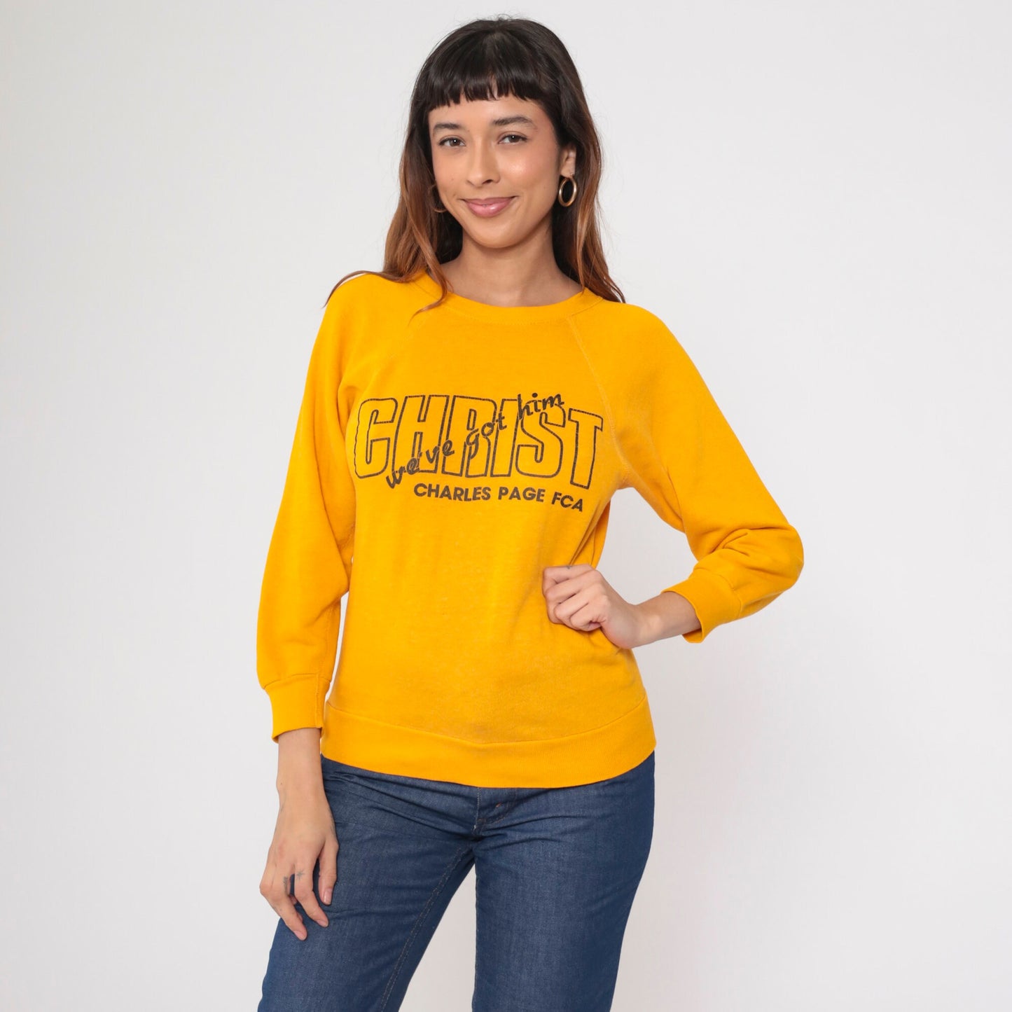 80s Christian FCA Sweatshirt 'Christ We've Got Him' Yellow Raglan Extra Small